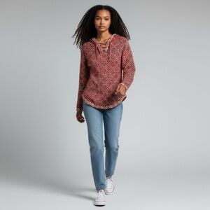 Artesania Sweater 15% Alpaca Red Orange Hooded Lace-up V-neck. NWOT Size S #006